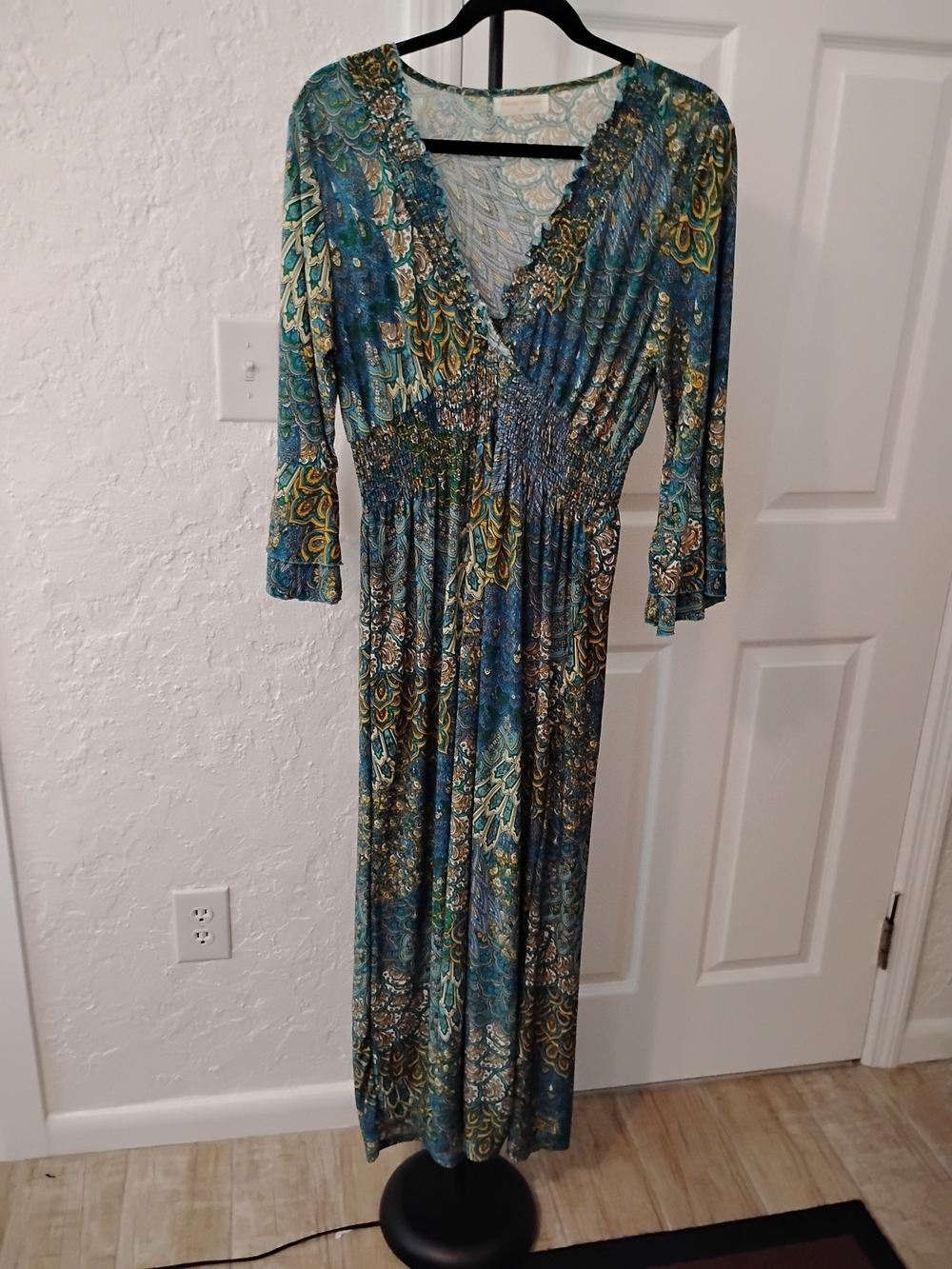 Seven Islands Maxi Dress 1XL Peasant Smocked Waist Bell Sleeve Blue Bohemian